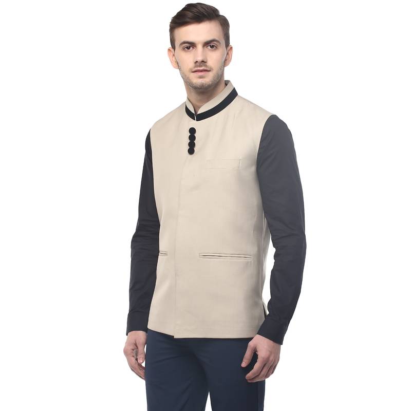 Beige  Cotton  Poly  Nehru  Jacket