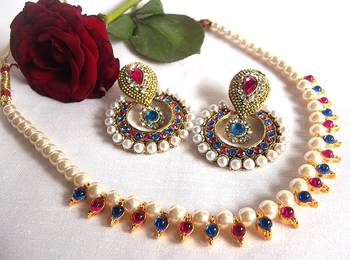 Pink And Blue Pearl Polki Necklace Set 1