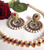 Pink And Blue Pearl Polki Necklace Set