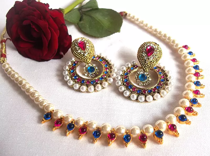 Pink And Blue Pearl Polki Necklace Set