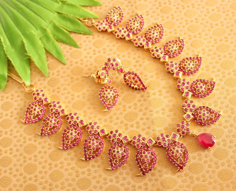 Awesome Gold Plated Cz Ruby Mango Necklace Set