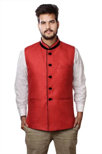 Red Cotton Jute Nehru Jacket