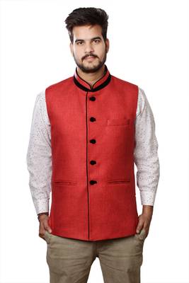Red Cotton Jute Nehru Jacket 1