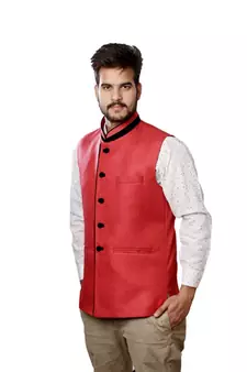 Red Cotton Jute Nehru Jacket