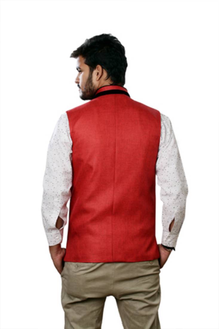 Red Cotton Jute Nehru Jacket