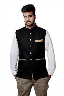 Black Cotton Poly Nehru Jacket 1