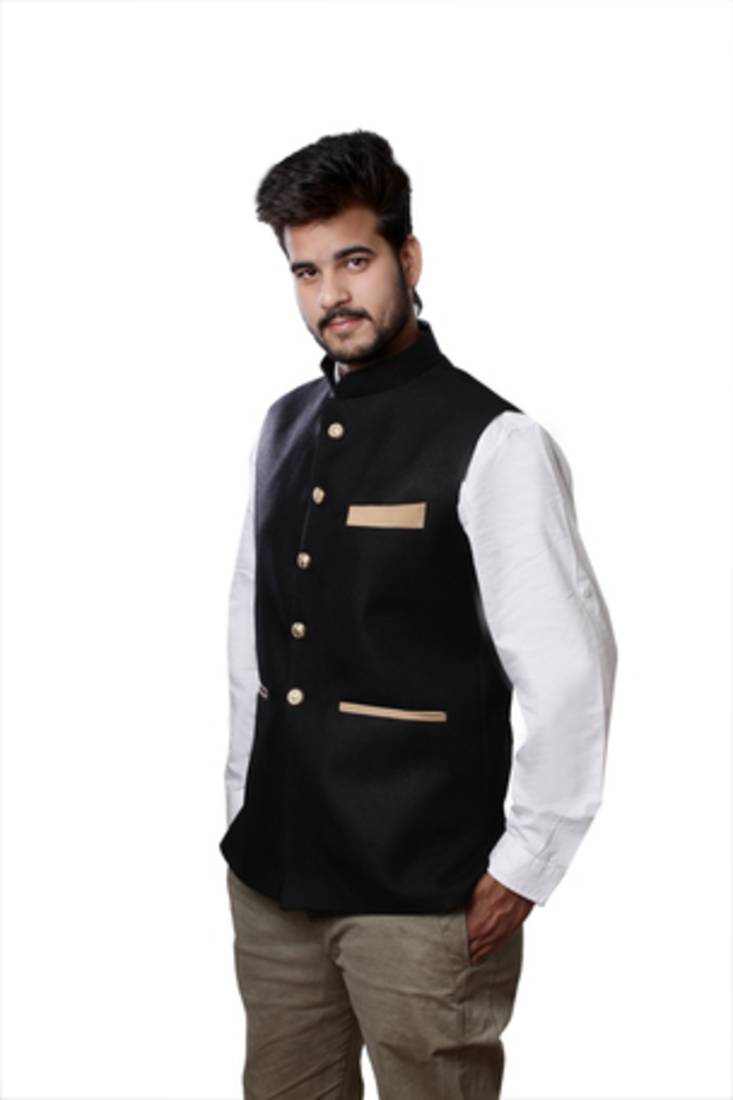 Black Cotton Poly Nehru Jacket