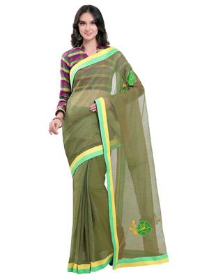 Green embroidered super net saree with blouse 1