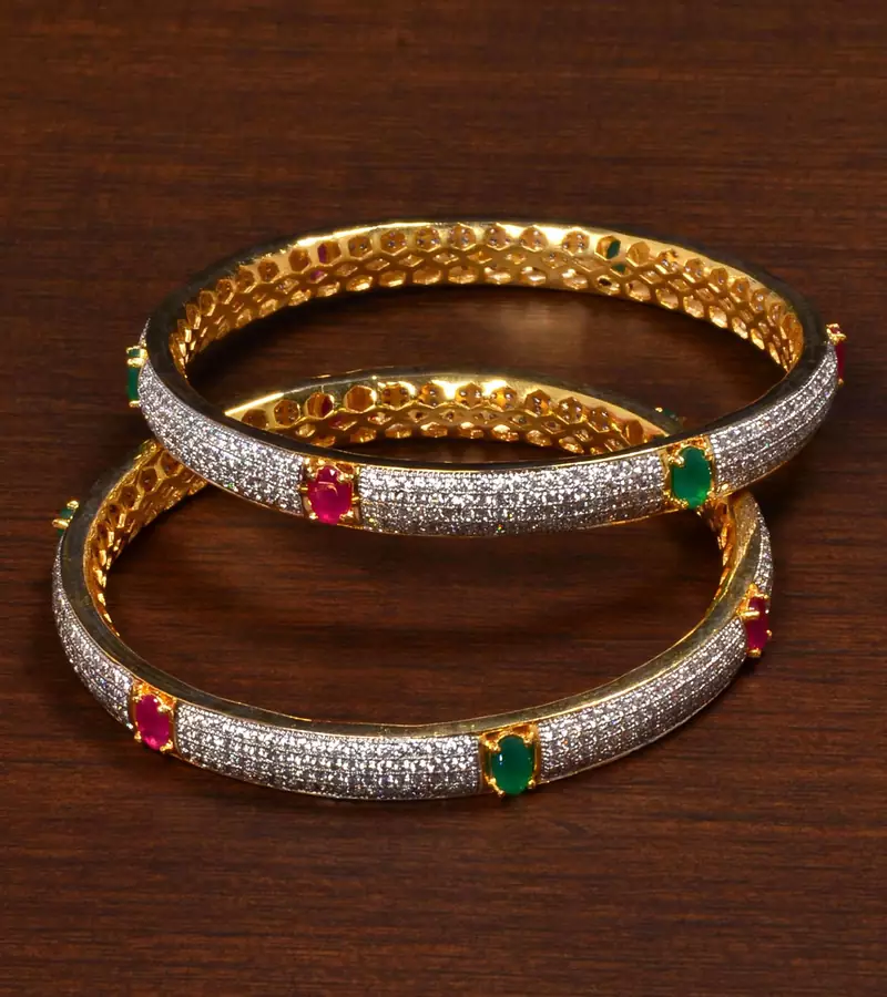 Ruby and Emerald Embellished Rich American Diamond Bangles for Women