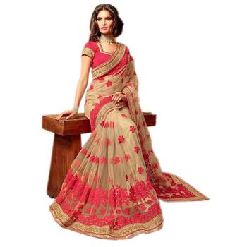 Pink embroidered net saree with blouse 2