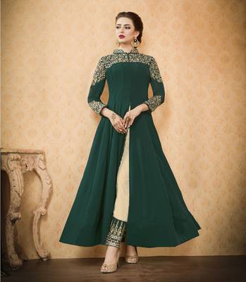 Green Embroidered Georgette Unstitched Salwar With Dupatta 1
