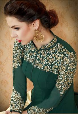 Green Embroidered Georgette Unstitched Salwar With Dupatta 3