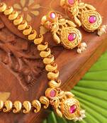 Awesome Matte Finish Ruby Peacock Mango Necklace With Screw Back Earrings