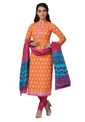 Orange Printed Cotton Salwar With Dupatta 1