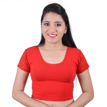 Red  Cotton Lycra Solid stitched blouse 1
