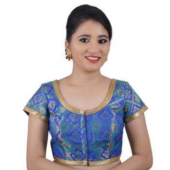 Blue Brocade Jamevar Woven Padded Readymade Blouse 1