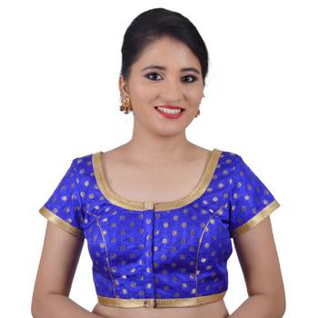 Blue Brocade Jari Butti Polka Dot Padded Readymade Blouse 1
