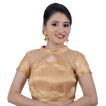 Designer Net Sequence High Neck Gold Brocade Padded Readymade Blouse 1
