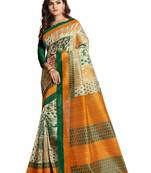 Golden printed cotton silk saree with blouse