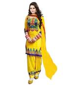 Yellow embroidered cotton poly salwar with dupatta