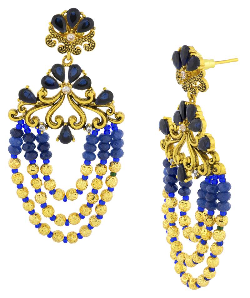 Flower Wave Design 18K Gold Plated Blue Crystal Cubic Zirconia Beads Chandelier Earring For Women