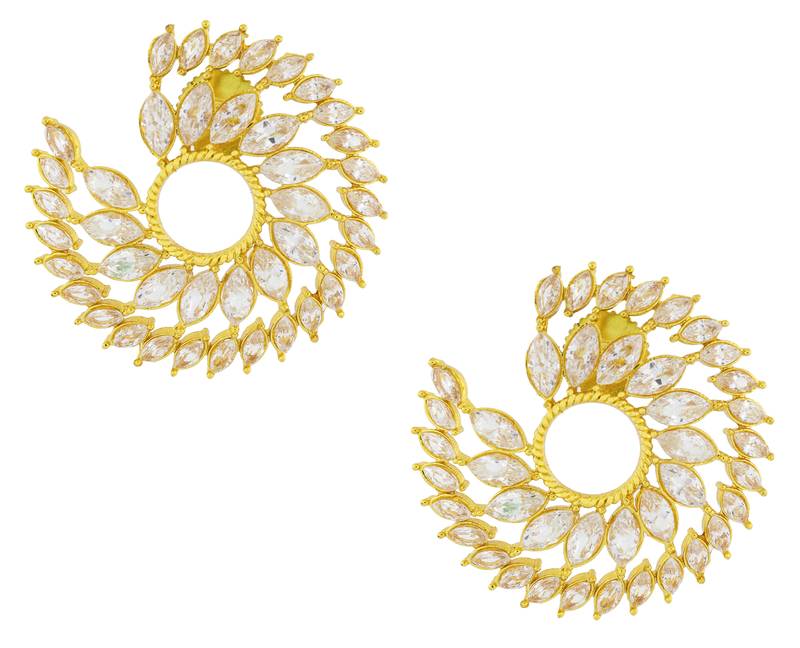 Crystal Leaf Ring Design 18K Gold Plated Crystal Filigree Chandbali Stud Earring For Women