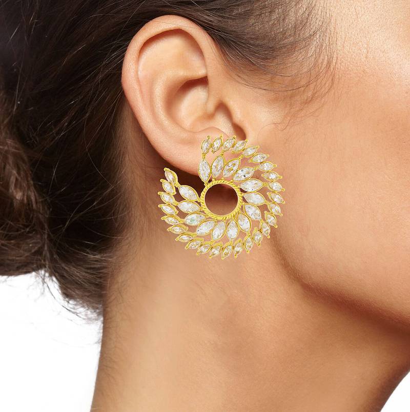 Crystal Leaf Ring Design 18K Gold Plated Crystal Filigree Chandbali Stud Earring For Women