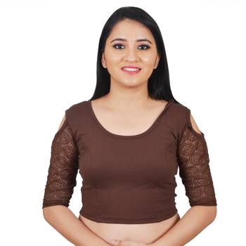 Brown Cotton Lycra Plain Stitched Blouse 1