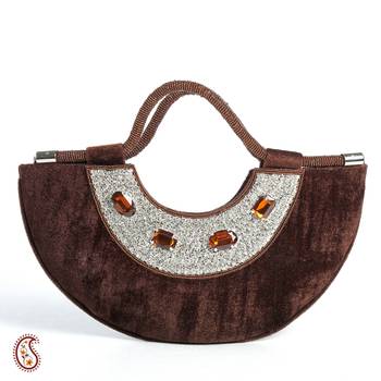 Bole Brown Velvet And Stone Crescent Moon Bag 1