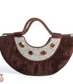 Bole Brown Velvet And Stone Crescent Moon Bag