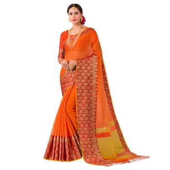 Orange woven Banarasi Silk Cotton  saree with blouse 1