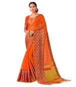 Orange woven Banarasi Silk Cotton  saree with blouse
