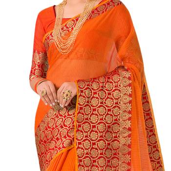 Orange woven Banarasi Silk Cotton  saree with blouse 3