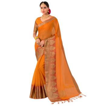 Yellow woven Banarasi Silk Cotton saree with blouse 1