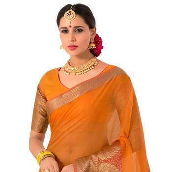 Yellow woven Banarasi Silk Cotton saree with blouse 2