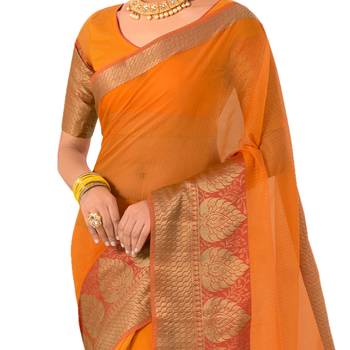 Yellow woven Banarasi Silk Cotton saree with blouse 3