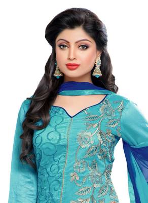 Sky blue embroidered chanderi kameez with dupatta 2