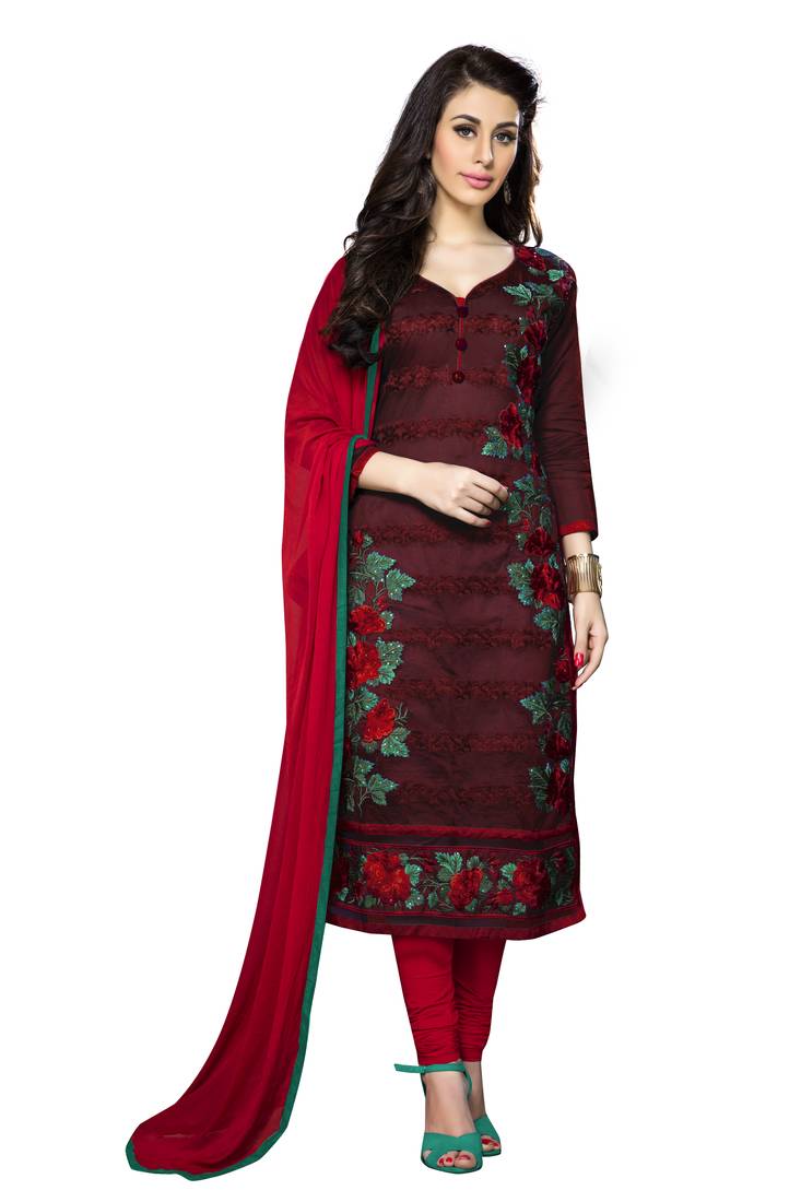 Maroon embroidered cotton salwar with dupatta