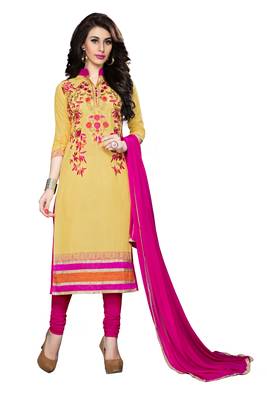 Yellow embroidered cotton salwar with dupatta 1