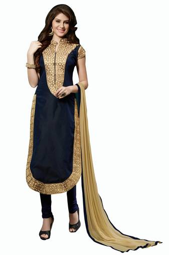 Navy Blue Embroidered Chanderi Salwar With Dupatta