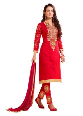 Red embroidered chanderi salwar with dupatta 1