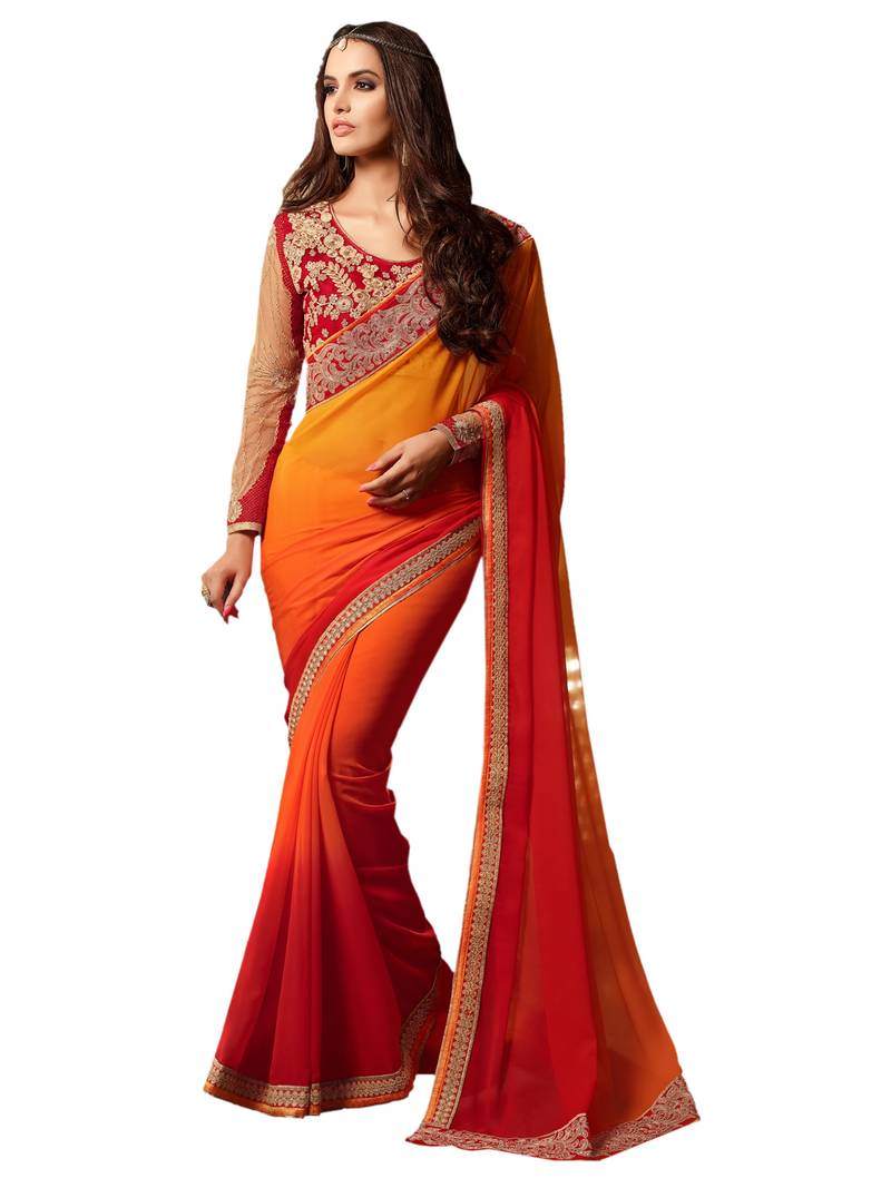Orange color embroidered georgette semi stitched party wear saree with blouse