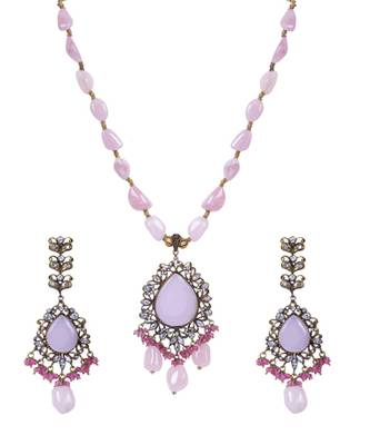 Light Pink Oxidized Gold Stones Crystal Beads Pendant Necklace Set WNS1038 1