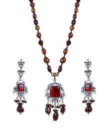 Moonlight White Stone Oxidized Beads Crystal Pendant Necklace Set WNS1039