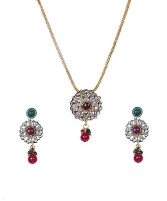 Red Green Beads Kundan Gold Chain Floral Pendant Set WMNS961 1