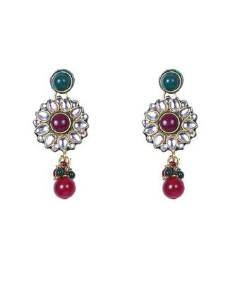 Red Green Beads Kundan Gold Chain Floral Pendant Set WMNS961 2