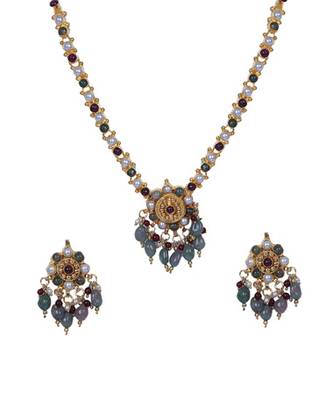 Red Green Grey Beads Pearl Drop Gold Ethnic Necklace Set WMNS963 1