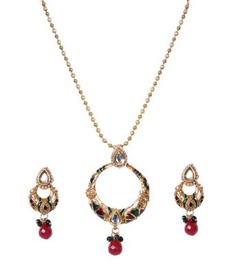 Red Green Gold Kundan Meenakari Ethnic Pendant Set WMNS967 1