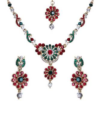Red Green Gold Stone Studded Floral Necklace Set WMNS1019 1