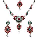 Red Green Gold Stone Studded Floral Necklace Set WMNS1019